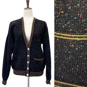 Vintage 80s Liz Claiborne LizWear Wool Varsity Cardigan Black Speckle Size Small
